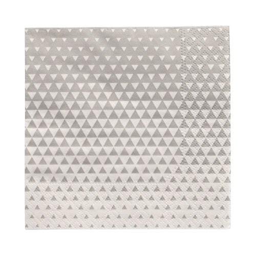 Servítky PAPSTAR 20 (25x25 cm, 3-vrstvé, 1/4 skládání) od společnosti PAPSTAR GmbH mají čtvercový šedý design s bílými trojúhelníky a strukturovaným okrajem – ideální pro stolní dekoraci.