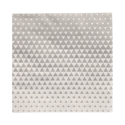 Servítky PAPSTAR 20 (25x25 cm, 3-vrstvé, 1/4 skládání) od společnosti PAPSTAR GmbH mají čtvercový šedý design s bílými trojúhelníky a strukturovaným okrajem – ideální pro stolní dekoraci.