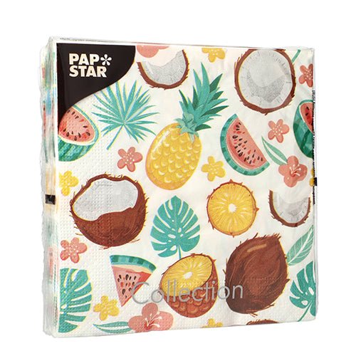 PAPSTAR GmbH 20 ubrousků, 33x33 cm, 3-vrstvé, designová sada 5: Barevné tropické motivy s ananasem, kokosovými ořechy, melounem, květinami a zelenými listy na bílém pozadí.
