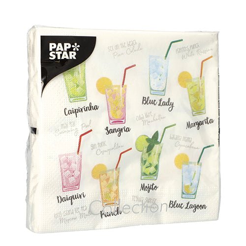 Designová sada 20 ubrousků (33x33 cm, 3-vrstvé, 1/4-skládání) od PAPSTAR GmbH ukazuje barevné koktejlové ilustrace s názvy jako Caipirinha, Mojito, Margarita a další.