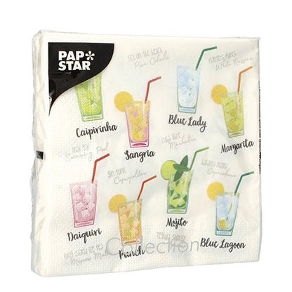 Designová sada 20 ubrousků (33x33 cm, 3-vrstvé, 1/4-skládání) od PAPSTAR GmbH ukazuje barevné koktejlové ilustrace s názvy jako Caipirinha, Mojito, Margarita a další.