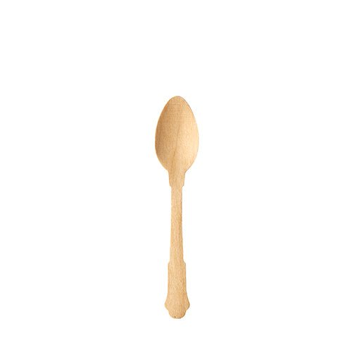 Jediná PAPSTAR GmbH kávová lžička dřevo "pure" 12 cm ve vintage designu z balení po 6 kusech stojí uprostřed na jednoduchém bílém pozadí.