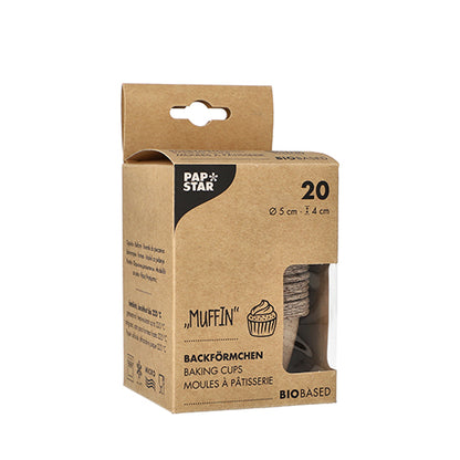 Těchto PAPSTAR 20 forem na muffiny (5 cm Ø, 4 cm vysoké) je vyrobeno z čerstvých vláken a kakaových skořápek. Balené ve skládací krabici s průhledným okénkem a vícejazyčnými informačními materiály. Značka: PAPSTAR GmbH.