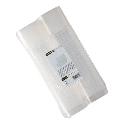 Stoh Starpak 50 lahůdkových kelímků, PP průhledné a obdélníkové s originálním uzávěrem, je zabalen v plastu a nese bílou etiketu s informacemi o produktu, čárovým kódem a bezpečnostním uzávěrem.