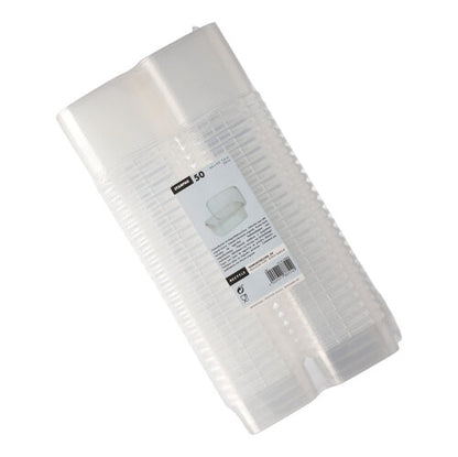 Uzavřené balení s 50 Starpak lahůdkovými kelímky, průhlednými obdélníkovými jednorázovými kelímky z PP s originálním uzávěrem pro bezpečnost a etiketou na přední straně, která ukazuje značku Starpak a detaily produktu.