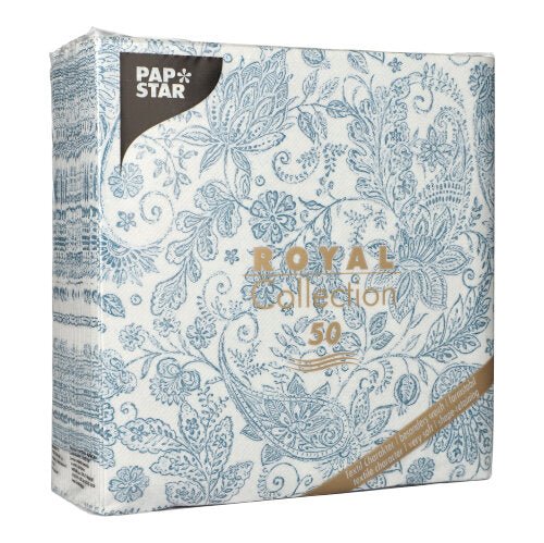 Balení s 50 PAPSTAR Royal Collection ubrousků (40 x 40 cm, modrá, 1/4-skládání) od PAPSTAR GmbH. S luxusním designem, ideální pro elegantní příležitosti.