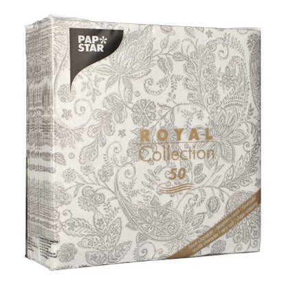 Balení 50 PAPSTAR ubrousků "ROYAL Collection" 40x40 cm, 1/4-sklad v šedé barvě s elegantním květinovým a paisley vzorem, z vysoce kvalitního materiálu, originálně zabalené od PAPSTAR GmbH.
