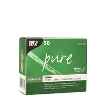 Eine grüne Schachtel mit der Aufschrift "PAPSTAR pure" enthält 50 Bambus-Göffel der PAPSTAR GmbH mit einer Länge von je 8,5 cm - ideal für Fingerfood. Die Verpackung ist mit Bambusmotiven und mehrsprachigem Text versehen und eignet sich für den nachhaltigen Partybedarf.