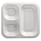 Die Starpak 50 Siegelschalen sind weiße, laminierte XPS-Schalen (4,2 x 24,5 x 26,5 cm) mit drei Fächern – zwei kleine Quadrate links und ein großes Rechteck rechts – von oben leer dargestellt, perfekt für den Einsatz in der Gastronomie.