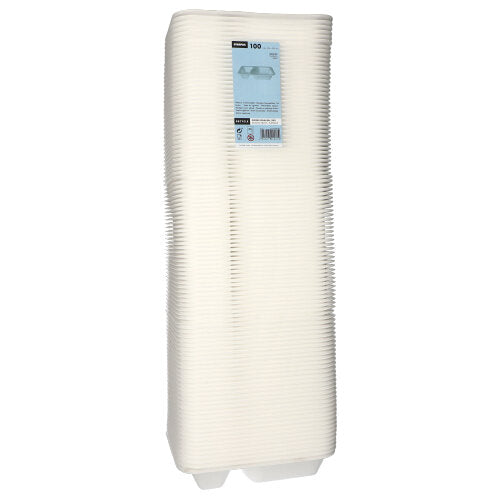 Stoh 100 Starpak potravinových misek z bílého, laminovaného XPS se dvěma přihrádkami, zvýšenými okraji, obdélníkového tvaru a modrou etiketou na vrchu. Značka: Starpak.