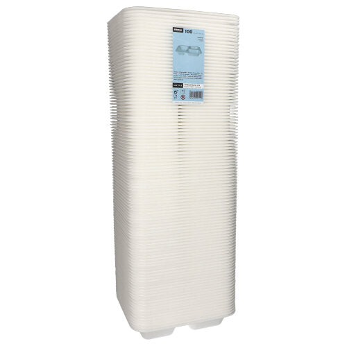 Stoh 100 Starpak těsnících misek, XPS 3-dělené, 925 ml oválné, bílé laminované desky (4,2 x 21,2 x 25 cm), které se používají jako obaly na potraviny a na kterých se nachází produktová etiketa, je zobrazen před jednoduchým bílým pozadím.