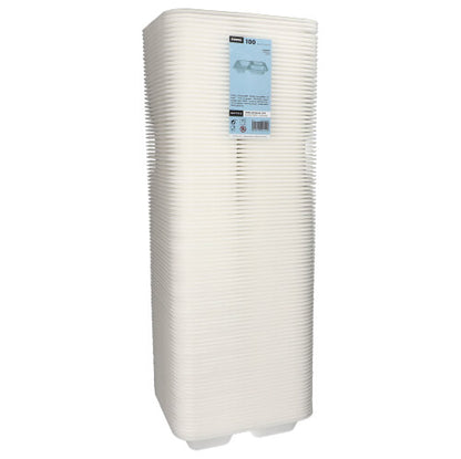 Stoh 100 Starpak těsnících misek, XPS 3-dělené, 925 ml oválné, bílé laminované desky (4,2 x 21,2 x 25 cm), které se používají jako obaly na potraviny a na kterých se nachází produktová etiketa, je zobrazen před jednoduchým bílým pozadím.
