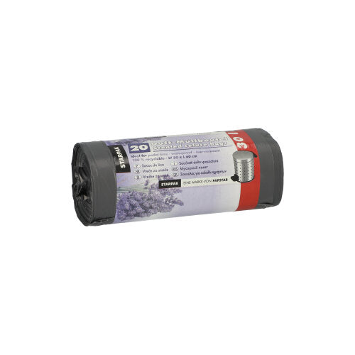 Jedna role Starpak 20 pytlů na odpadky z LDPE, šedá s levandulovou vůní (30 l, 60x50 cm), obsahuje 20 voňavých sáčků na balení. Štítek zobrazuje podrobnosti o produktu a obrázek levandule.
