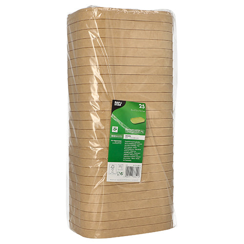 Stoh hnědých PAPSTAR vík pro obalové poháry, obdélníkových (2x17,3x12,3 cm, 25 kusů), zabalených v průhledné fólii, se zeleno-bílou etiketou PAPSTAR GmbH s údaji o produktu na přední straně.