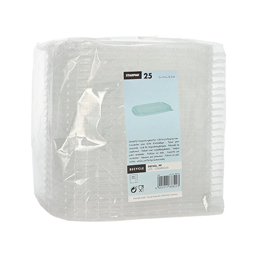 Balení s 25 obdélníkovými, průhlednými víčky Starpak PP pro obalové kelímky (1 x 17,3 x 12,3 cm) je zabaleno v plastu a na přední straně má modro-bílou etiketu s informacemi o produktu a recyklaci.