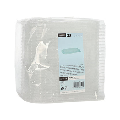 Balení s 25 obdélníkovými, průhlednými víčky Starpak PP pro obalové kelímky (1 x 17,3 x 12,3 cm) je zabaleno v plastu a na přední straně má modro-bílou etiketu s informacemi o produktu a recyklaci.