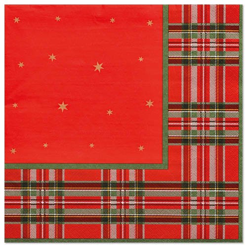 PAPSTAR 20 ubrousků, 40x40 cm, 3-vrstvé, od PAPSTAR GmbH: Červené papírové ubrousky se zlatými hvězdami na jedné straně a klasickým červeno-zeleno-bílým kostkovaným vzorem na druhé straně – ideální pro slavnostní příležitosti.