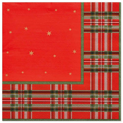 PAPSTAR 20 ubrousků, 40x40 cm, 3-vrstvé, od PAPSTAR GmbH: Červené papírové ubrousky se zlatými hvězdami na jedné straně a klasickým červeno-zeleno-bílým kostkovaným vzorem na druhé straně – ideální pro slavnostní příležitosti.