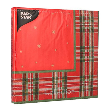 Balení 20 PAPSTAR-ubrousků, 40 cm x 40 cm, 3-vrstvé, od PAPSTAR GmbH, s červeno-zeleným kostkovaným okrajem, červeným středem se zlatými hvězdami a štítkem „Pap Star Collection“ v levém horním rohu balení.