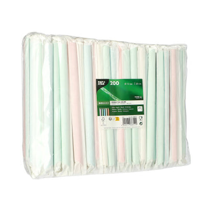 Průhledný plastový obal obsahuje 200 PAPSTAR bublinkových čajových papírových brček (Ø12mm, 20cm), tříděných v pastelových barvách. Štítek na přední straně zobrazuje informace o produktu a recyklační symboly, což činí tato papírová brčka společnosti PAPSTAR udržitelnou volbou.