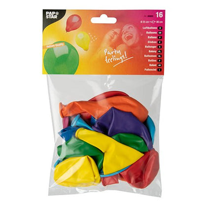 Průhledný plastový sáček od PAPSTAR GmbH obsahuje 16 barevně tříděných balónků (Ø 25 cm) pro párty. Obal zobrazuje logo "Pap Star", fotografii usmívajících se lidí, text "Party feelings!" a množství balónků.