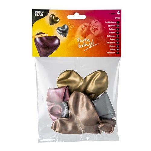 PAPSTAR 4 balónky velké od PAPSTAR GmbH obsahují čtyři nenafouknuté srdcové balónky v metalické zlaté, stříbrné, růžově zlaté a bronzové barvě v průhledném obalu s brandingem a motivy balónků – ideální pro slavnostní dekoraci.