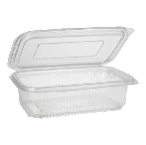 Průhledný, obdélníkový obalový kelímek Starpak 50 s klapkovými víčky od Starpak je otevřený a prázdný a je zobrazen na jednoduchém bílém pozadí.