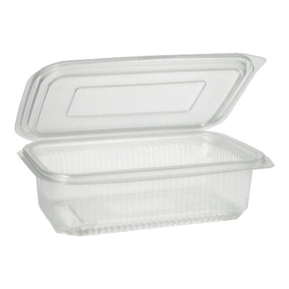 Průhledný, obdélníkový obalový kelímek Starpak 50 s klapkovými víčky od Starpak je otevřený a prázdný a je zobrazen na jednoduchém bílém pozadí.