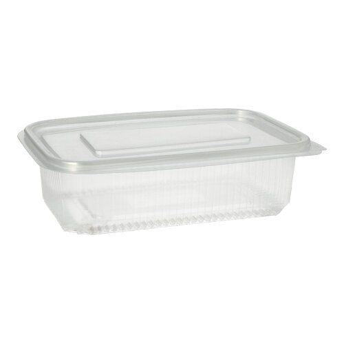 Obalový kelímek Starpak 50 s klapkovými víčky, PP průhledný obdélníkový, spočívá na jednoduchém bílém pozadí se zavřeným průhledným víkem.