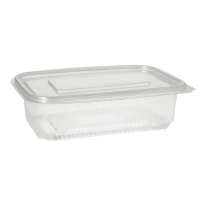 Obalový kelímek Starpak 50 s klapkovými víčky, PP průhledný obdélníkový, spočívá na jednoduchém bílém pozadí se zavřeným průhledným víkem.