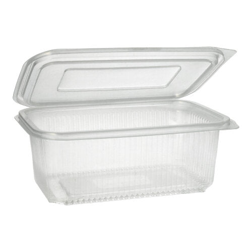 Obalový kelímek Starpak 50 s klapkovými víčky je průhledný, obdélníkový PP-kontejner s žebrovanou strukturou a pantovým víkem, ideální pro bezpečné skladování potravin.