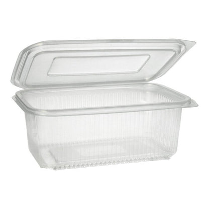 Obalový kelímek Starpak 50 s klapkovými víčky je průhledný, obdélníkový PP-kontejner s žebrovanou strukturou a pantovým víkem, ideální pro bezpečné skladování potravin.