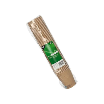 Průhledný plastový obal s 50 kelímky od PAPSTAR GmbH, papír 0,2 l, se zelenou etiketou s informacemi o produktu, stojí na jednoduchém bílém pozadí.