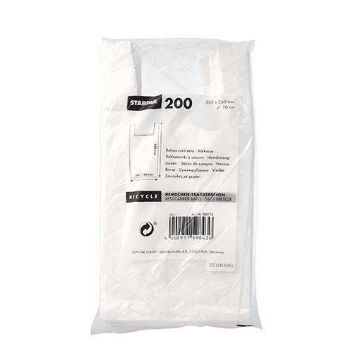 Průhledný plastový obal obsahuje 200 tašek Starpak s košilkovým uchem, bílý HDPE. Obal zobrazuje značku Starpak, detaily produktu a ekologický recyklační symbol v několika jazycích.