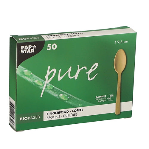 Zelená "pure" krabice společnosti PAPSTAR GmbH obsahuje 50 ekologických lžic na finger food z bambusu (9,5 cm) ve skládací krabici; balení zobrazuje kapky vody na listu.