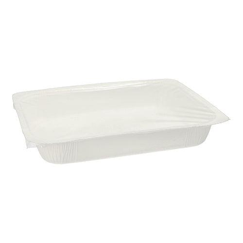 Die Starpak 180 Siegelschalen sind rechteckige, weiße 1200-ml-Papierbehälter (4,2 x 18,9 x 24,8 cm) mit sicherem transparentem Deckel, perfekt für innovative Verpackungslösungen; leer vor weißem Hintergrund abgebildet.