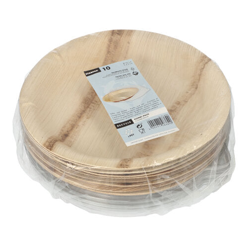 Stoh kulatých světlých jednorázových talířů Starpak z palmového listu (Ø 23 cm, 500 ml, s rPET víkem), kombinované balení ve smršťovací fólii (10 kusů), s bílou etiketou nahoře.