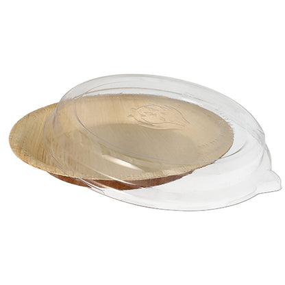 Kombinované balení Starpak 10 talířů z palmového listu kulaté 500 ml Ø 23 cm · 5,3 cm se skládá z ekologických světle hnědých jednorázových talířů se strukturovaným povrchem a částečně průhledným rPET víkem (10 kusů).
