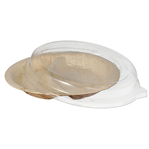 Sada Starpak obsahuje 10 talířů z palmového listu, 2-dílná, 300 ml, Ø 23 cm · 5,3 cm s průhledným rPET víčkem – praktické a udržitelné pro prezentaci nebo balení potravin.