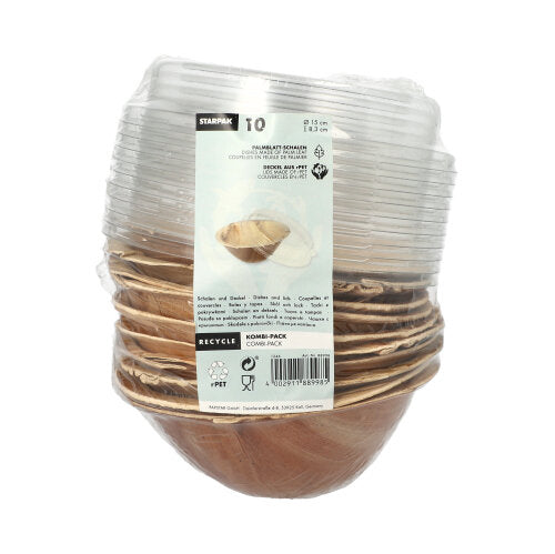 Kombinované balení 10 misek Starpak, palmový list s víčkem z rPET: Sada ekologických jednorázových misek s recyklovaným víčkem z PET. Přední etikety zobrazují recyklační symboly a informace o produktu.