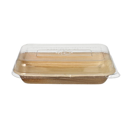 Kombinované balení 10 misek Starpak, palmový list s víčkem z rPET, je obdélníkový, ekologický jednorázový potravinový obal ze světle hnědého palmového listu s průhledným víčkem z recyklovaného PET, zobrazený na jednoduchém bílém pozadí.