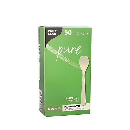 Bílá krabice s nápisem „PAPSTAR pure“ obsahuje 50 udržitelných kávových lžiček z papíru, každá o délce 14,5 cm. Skládaná krabice od PAPSTAR GmbH nabízí ekologickou alternativu pro vaše kávové potěšení.