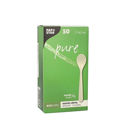 Bílá krabice s nápisem „PAPSTAR pure“ obsahuje 50 udržitelných kávových lžiček z papíru, každá o délce 14,5 cm. Skládaná krabice od PAPSTAR GmbH nabízí ekologickou alternativu pro vaše kávové potěšení.