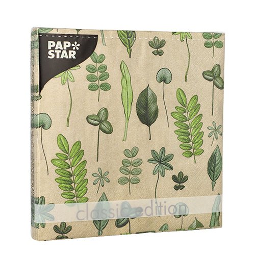 Hnědé balení ubrousků PAPSTAR se zeleným motivem listu, označené "classic edition", obsahuje 20 třívrstvých ubrousků (33x33 cm, 1/4 skládání) z Design Setu 6 od PAPSTAR GmbH.