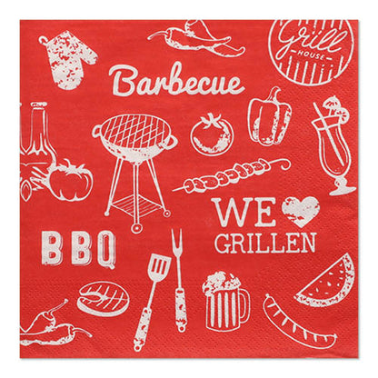 Die 30 3-lagigen Servietten (33 x 33 cm, 1/4-Falz) der PAPSTAR GmbH bestehen aus roten Servietten mit weißen Grillmotiven – Grill, Werkzeuge, Lebensmittel, Getränke und Sprüche wie „Barbecue“, „BBQ“ und „WE ♥ GRILLEN“ – ideal für jedes Grillevent.