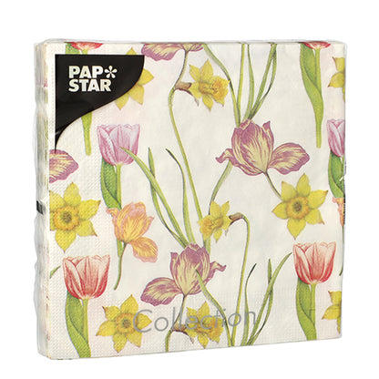 Eine Packung PAPSTAR 20 Servietten, 33x33 cm, 3-lagig, mit einem Tulpen- und Narzissenblumenmuster in Rosa, Gelb und Grün auf Weiß. Marke: PAPSTAR GmbH. Eingeschlagen in klarem Plastik. Design Set 1, gefaltet 1/4.