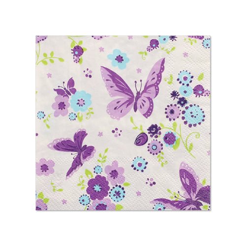 PAPSTAR 20 ubrousků (25 x 25 cm, 3-vrstvé, 1/4-skládání) od společnosti PAPSTAR GmbH ukazují fialové motýly a modré, fialové a zelené květiny na bílé – ideální pro dodání šarmu vaší stolní dekoraci.