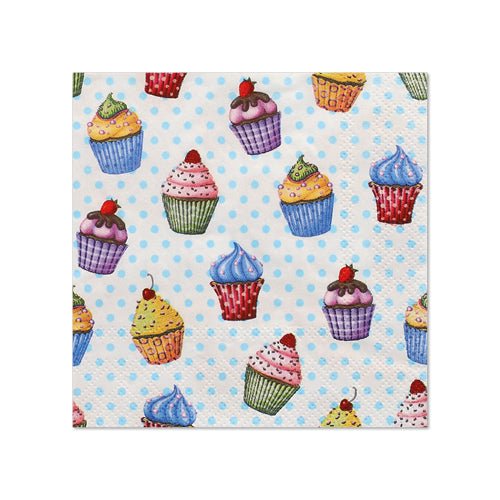 PAPSTAR 20 ubrousků, 25 cm x 25 cm, 3-vrstvé společnosti PAPSTAR GmbH ukazují světle modré puntíkované pozadí s barevnými cupcakes a třešněmi – perfektní pro večírky s jejich okouzlujícím a odolným designem.