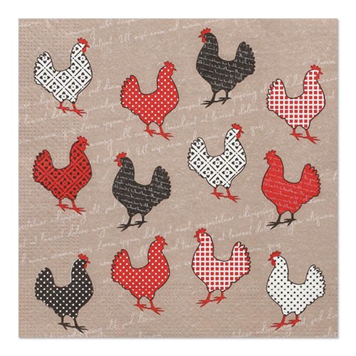 PAPSTAR 20 ubrousků od PAPSTAR GmbH (33 x 33 cm, 3-vrstvé, Design Set 5) ukazují geometrický a tečkovaný vzor slepic v černé, bílé a červené na světle hnědém pozadí se slabým písmem.