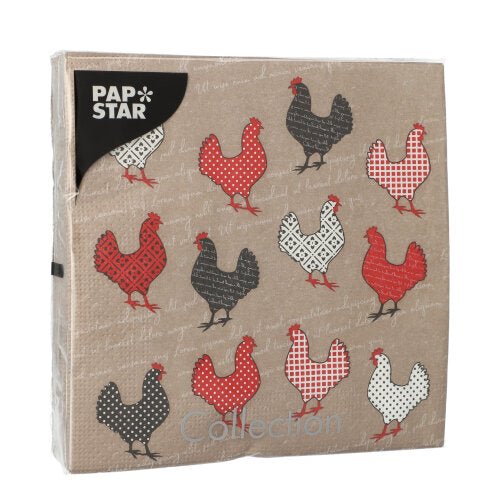 PAPSTAR GmbH 20 ubrousků, 33x33cm, 3-vrstvé, Design Set 5: Ubrousky s červenými, černými a bílými slepicemi v geometrických vzorech na hnědém pozadí.